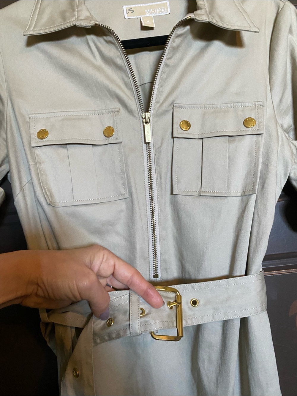 Michael Kors Cream Utility Midi Dress with Gold Hardware